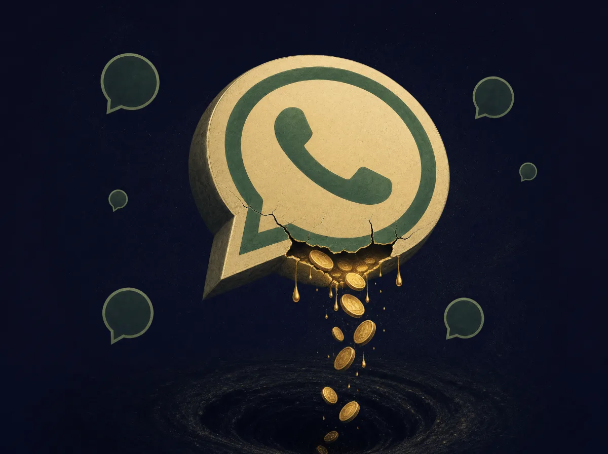 Ilustração editorial: balão de chat WhatsApp gigante com rachadura por onde escapam moedas douradas, balões silenciosos ao redor