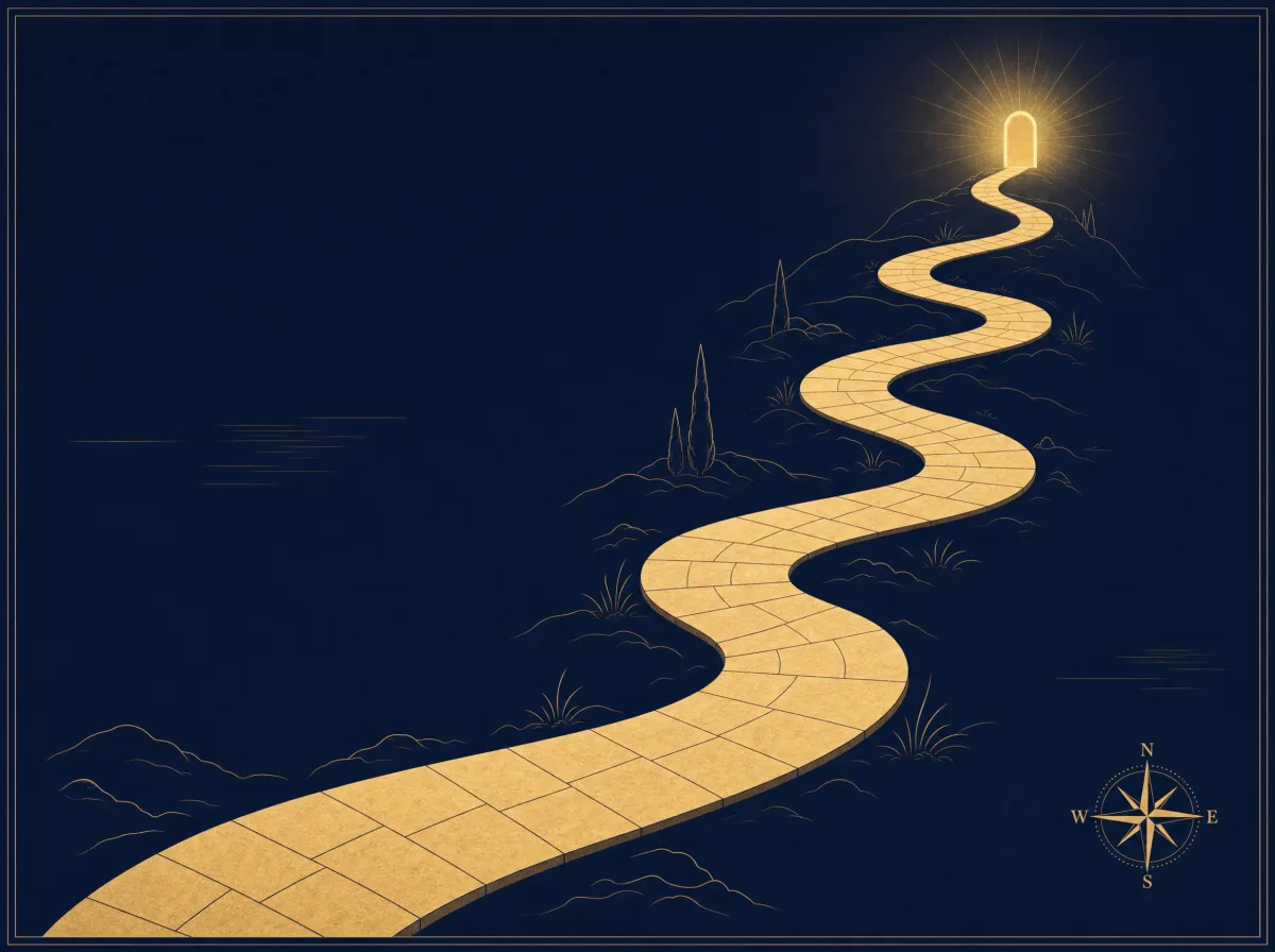 Ilustração editorial: caminho dourado serpenteando até um arco de luz no horizonte, bússola simbólica no canto, vibe mapa do New Yorker